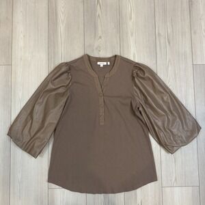 Chico's 3 US XL Brown Henley Top Faux Leather Brown Sleeves Knit Top